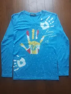 キッズ 長袖Tシャツ ブルー 130〜140cm 手形プリント おしゃれ