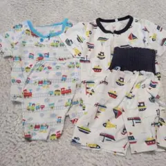 ベビーパジャマセット 電車と船柄 90サイズ 男の子 ブルー ボタン 前開き