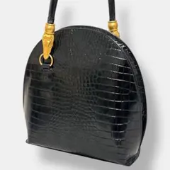 美品 希少素材 ヒロココシノトートバッグ クロコ 型押し ワニ金具 レザー 黒