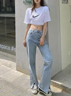 GRL グレイル★フロントスリットハイウエストデニムパンツ[cu300]★