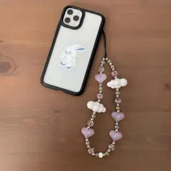 Ⓐビーズストラップ 韓国 キーホルダー スマホ ハート 雲 クリアピンク