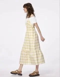 【値下げ】GU gu イエロー チェックキャミソールワンピース