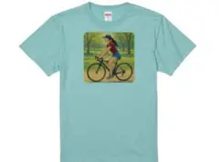 ハイクオリティーTシャツ 女の子 車サイクリング 公園 自転