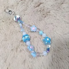 ハンドメイド青系ビーズの携帯ストラップ　１点もの