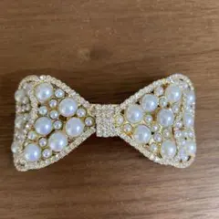 リボン　バレッタ　パール　ラインストーン　ゴールド