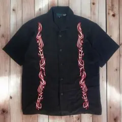 07M049◯ 90s〜 ブラック フレイム 刺繍 開襟 半袖シャツ 春夏 M