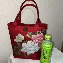 帯リメイク　赤い花柄 トートバッグ