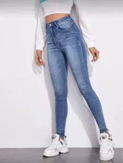 美品 ハイウエスト スキニーデニムジーンズ ミディアムウォッシュ ライトブルー