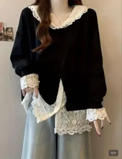 ノ*ン様 値下げ‼️レース付きブラック長袖トップス