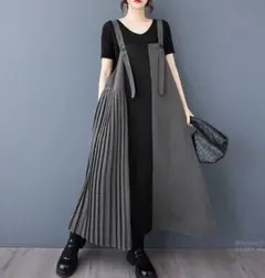 グレー　プリーツ　ジャンスカ　アシメ　体型カバー　キャミワンピース　バイカラー