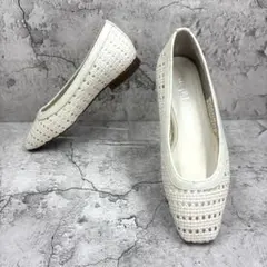 美品 Le Talon メッシュフラット パンプス 22 白 日本製 編み込み