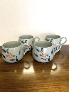 花柄　グレー　和風カップ　4個セット コーヒー　陶器