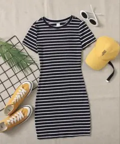 【14y・150cm前後】ネイビーストライプワンピ
