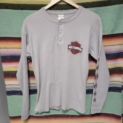 80s　ハーレーダビッドソン　ヘンリーネックシャツ　ロンＴ　両面プリント　スカル