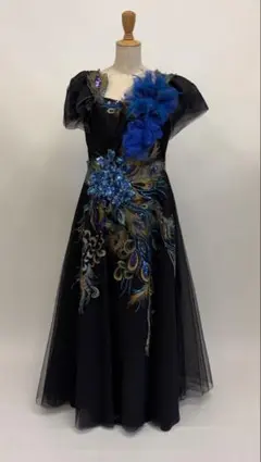 高級ステージドレス ロングドレス青白花柄 パフスリーブ サイズ調節