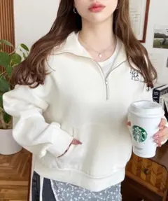 moment+ 裏起毛ワンポイント刺繍ハーフジップスウェット