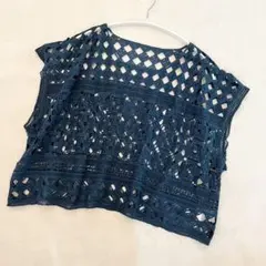美品✨総レース ベスト カットソー M 透かし編み レイヤードスタイル　グリーン