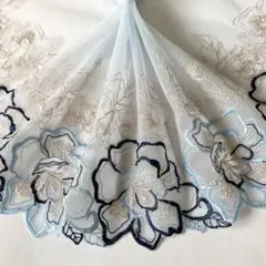 ベビーブルーとネイビーカラーのお花刺繍チュールレース　金糸入り　1m　N-61
