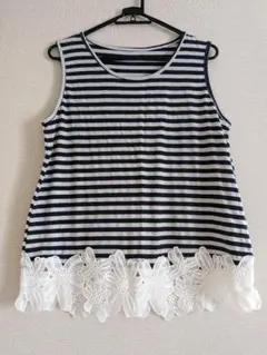 ★レディース トップス タンクトップ チュニック ボーダー 花柄レース Ｍ〜L