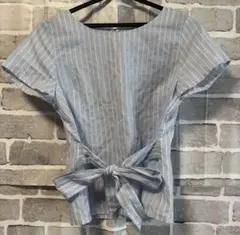 水色ストライプリボン付き半袖ブラウス