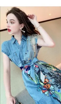 【インディゴブルーデニム★ＸＬ】花柄刺繍レース　ワンピース　フレアスカート