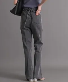 バックレースアップ　フレア　デニム　黒　フレアパンツ