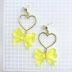 018 黄色 イエロー リボン ハート ゴールド 可愛い ピアス 推し活