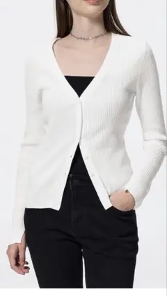 GU ホワイトリブ編みVネックカーディガン Lサイズ