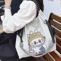 大人気　刺繍Labubuラブブ　大容量　エコバッグ　トートバッグショルダー付　L