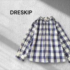 DRESKIP ネイビー系チェック　スタンドカラー 長袖シャツブラウスのサムネイル