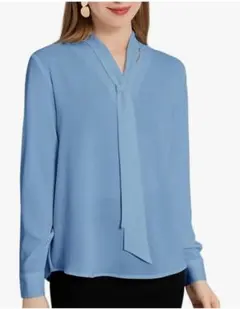 リボンシャツ レディース ボウタイ シフォンブラウス トップス Vネック　ブルー