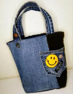 ビンテージ　デニム　スマイル　リバーシブル　トートバッグ　にこちゃん　ピアス