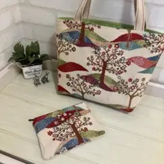 ❤️ SALE❣️花木・風景が素敵なトートバッグとポーチ＊ジャガード織＊アイボリー＊