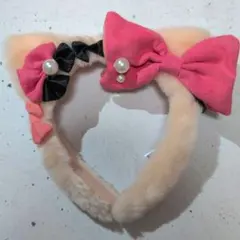 ハローキティ USJ カチューシャ猫耳ファー素材カチューシャ ピンク黒リボン