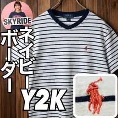 2000s ポロラルフローレン Vネック ボーダーTシャツ L相当 Y2K 紺白