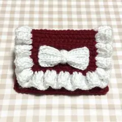 【現品限り】リボンフリルポーチ 赤 編み物 ポーチ