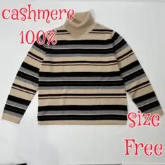 カシミヤタートルネック　ボーダーセーター　ベージュ　FREE