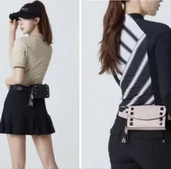 韓国 デサント スタッズ付き黒ウエストバッグ