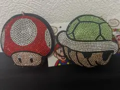 スーパーキノコ/緑甲羅/ラインストーン/キーホルダー/2個セット