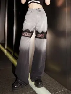 スカラップレースデニムロングパンツ