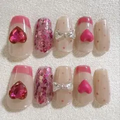 ネイルチップ　バレリーナネイル　ピンク　ハート　ダイヤリボン