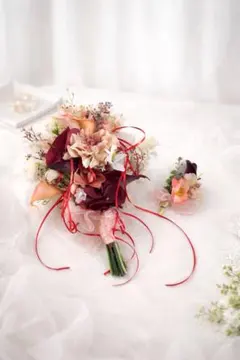 ウェディングブーケ ブートニアセット アートフラワー 前撮り結婚式テラコッタ