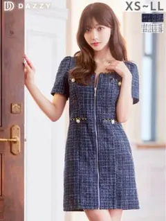 【完売品‼️】ツイードスクエアチェーンパールフロントジップ半袖タイトミニドレス