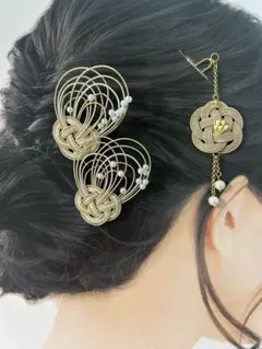 《セットでお得》和装　髪飾り　水引アクセサリー　かんざし　ヘアピン　ベージュ