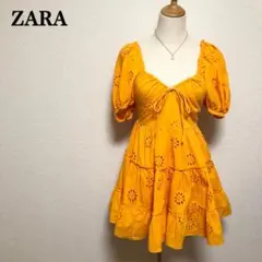 ZARA ザラ カットワーク刺繍 パフスリーブ ミニワンピース S オレンジ