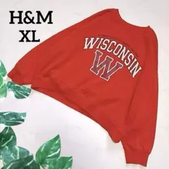 エイチアンドエム 裏起毛ロゴ入りスウェットトップス 秋冬 大きめサイズ XL 赤