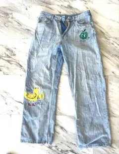 ZARAイラスト付きライトブルーデニムパンツ　EU38 2回着用