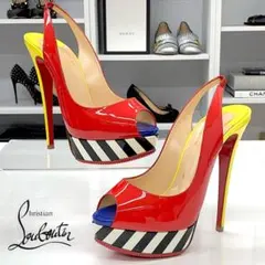 クリスチャンルブタン パテント オープントゥ パンプス マルチカラー