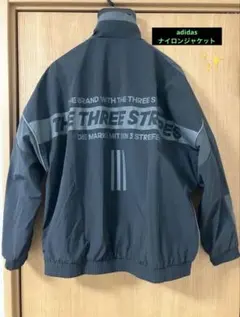 【美品】adidas ナイロンジャケット 黒 刺繍ロゴ ビッグロゴ