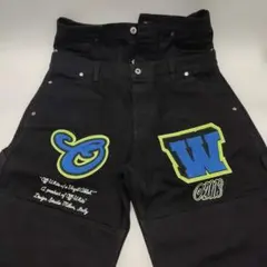 ⑥Off-White　オフホワイト 刺繍 ロゴ　デニム　ハーフパンツ 黒　メンズ
